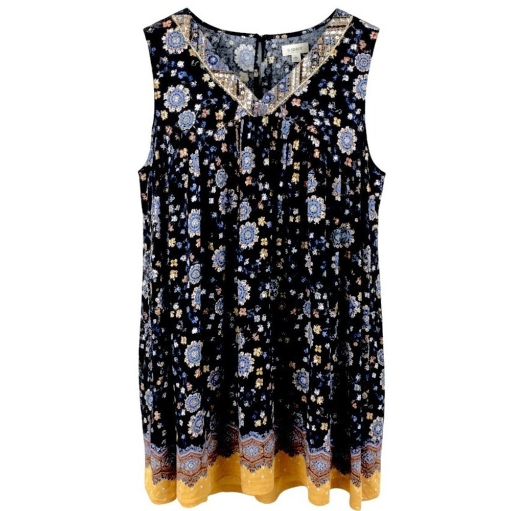 Umgee Tunic Top Womens Medium Black Floral Boho Sleeveless‎ V-Neck Mini Dress
